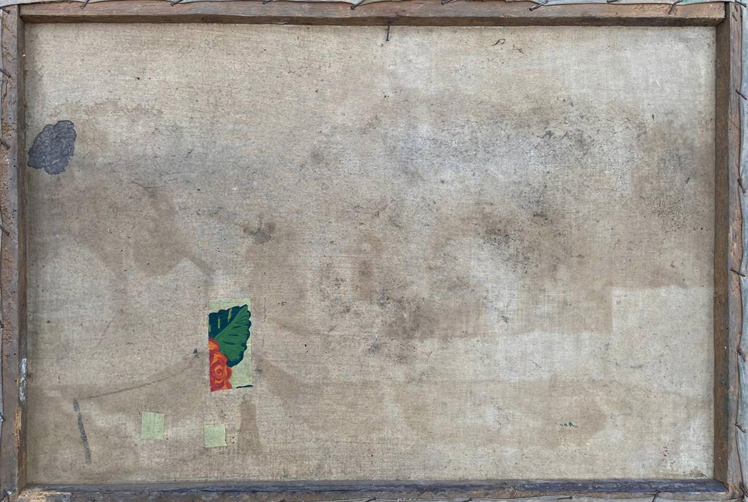 Back of oil painting Sunday trip to church: weathered beige canvas in rustic frame