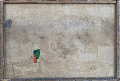 Back of oil painting Sunday trip to church: weathered beige canvas in rustic frame