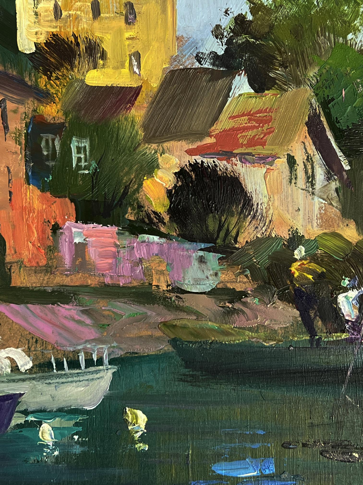Vibrant impressionist oil painting of canal boats near house by Yuriy Suprunchuk