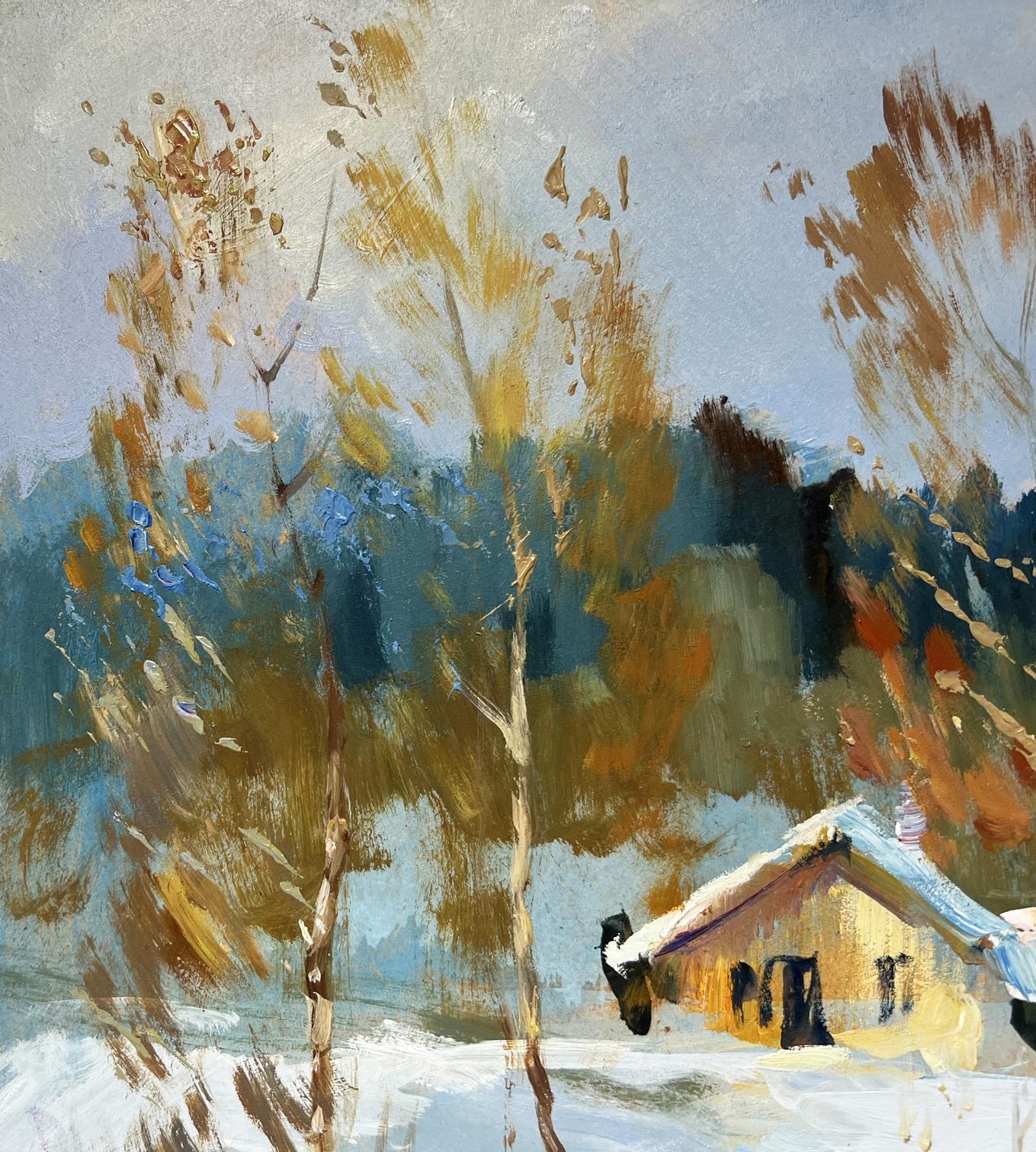 Rustic snow-dusted wooden cabin oil painting Winter breeze in the forest by Yuriy Suprunchuk