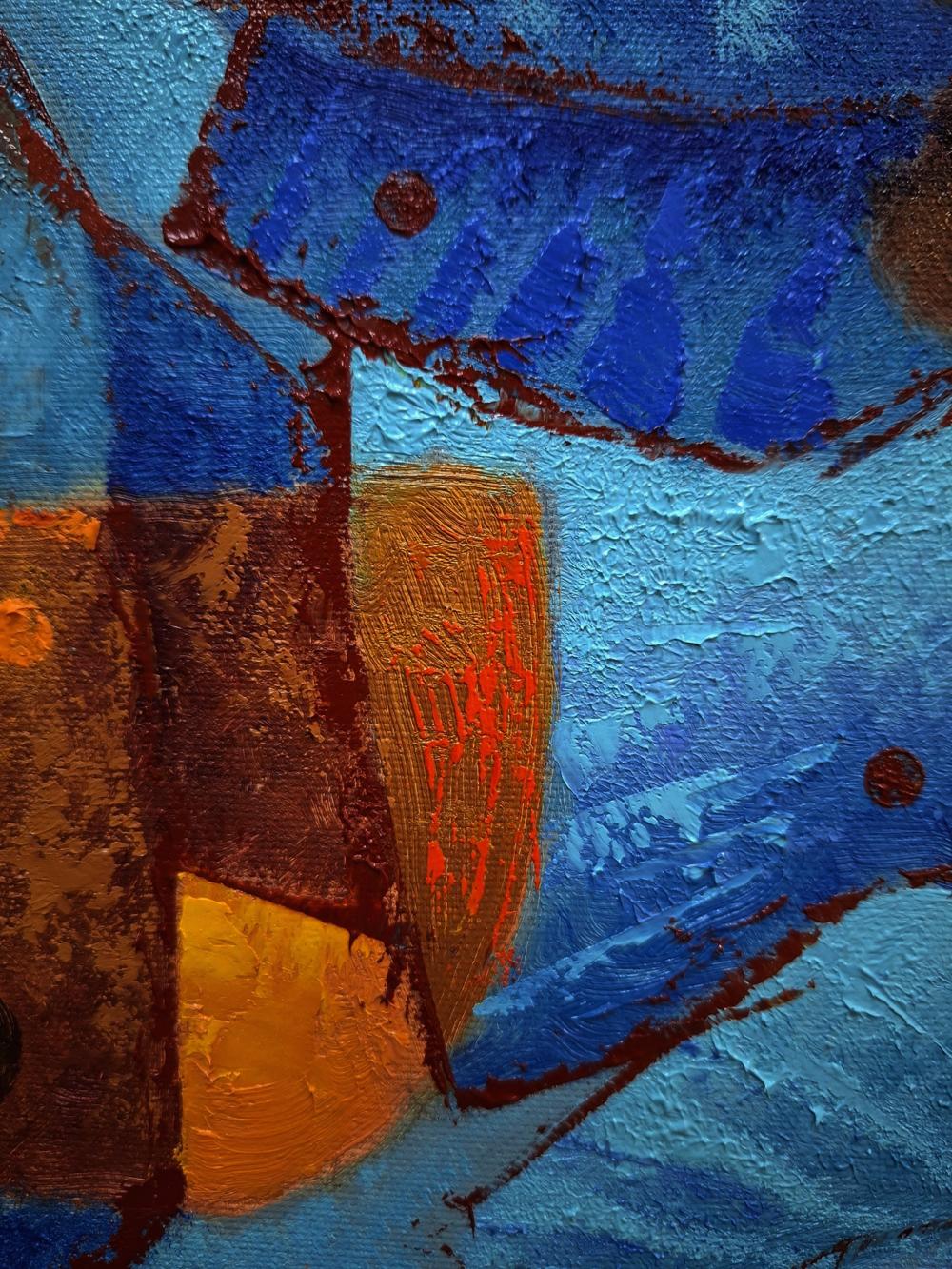 Abstract Oil painting Gold fish parade by Sergiy Voichenko with bold blue strokes