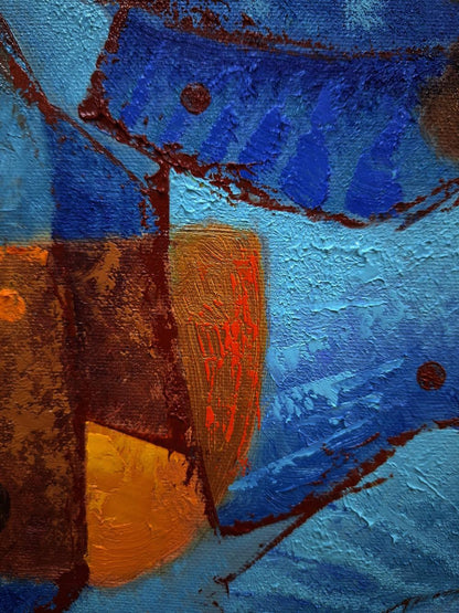 Abstract Oil painting Gold fish parade by Sergiy Voichenko with bold blue strokes