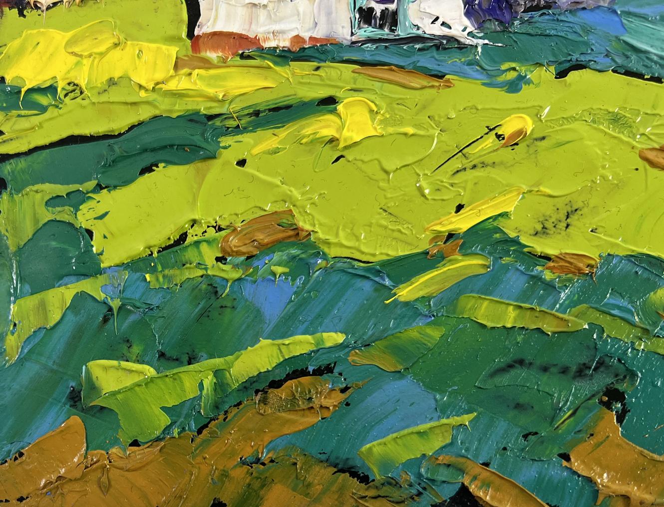 Vibrant impressionist oil painting of forest path to sunny hut by Oleksiy Ivanyuk