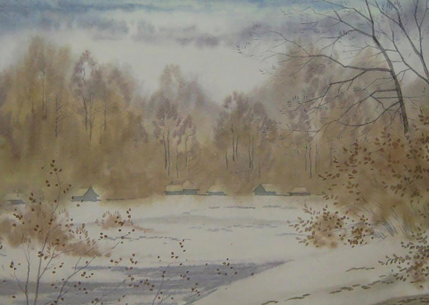 Watercolor painting First snow by Valery Savenets snowy landscape