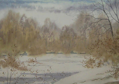 Watercolor painting First snow by Valery Savenets snowy landscape