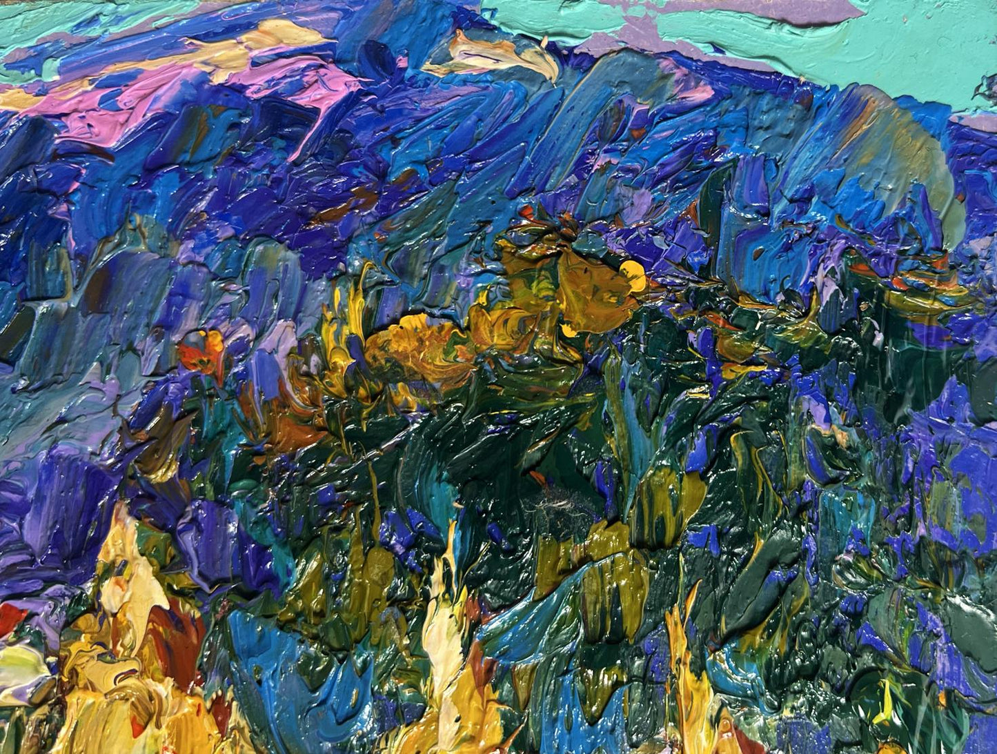 Oil painting Haystacks and mountain view by Oleksiy Ivanyuk