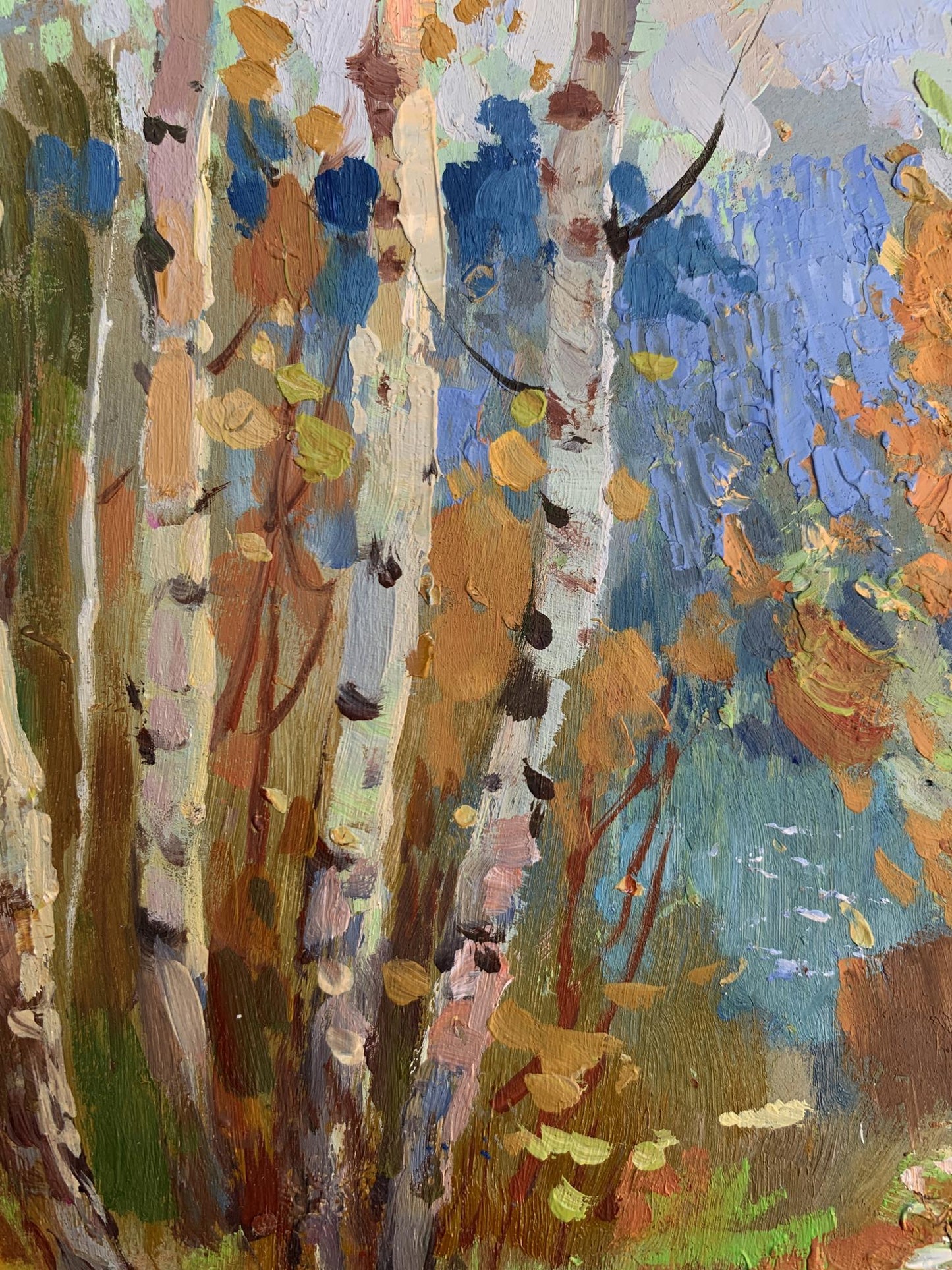 Vibrant impressionist oil painting of autumn birch grove by Yuriy Suprunchuk