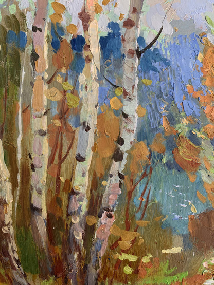 Vibrant impressionist oil painting of autumn birch grove by Yuriy Suprunchuk