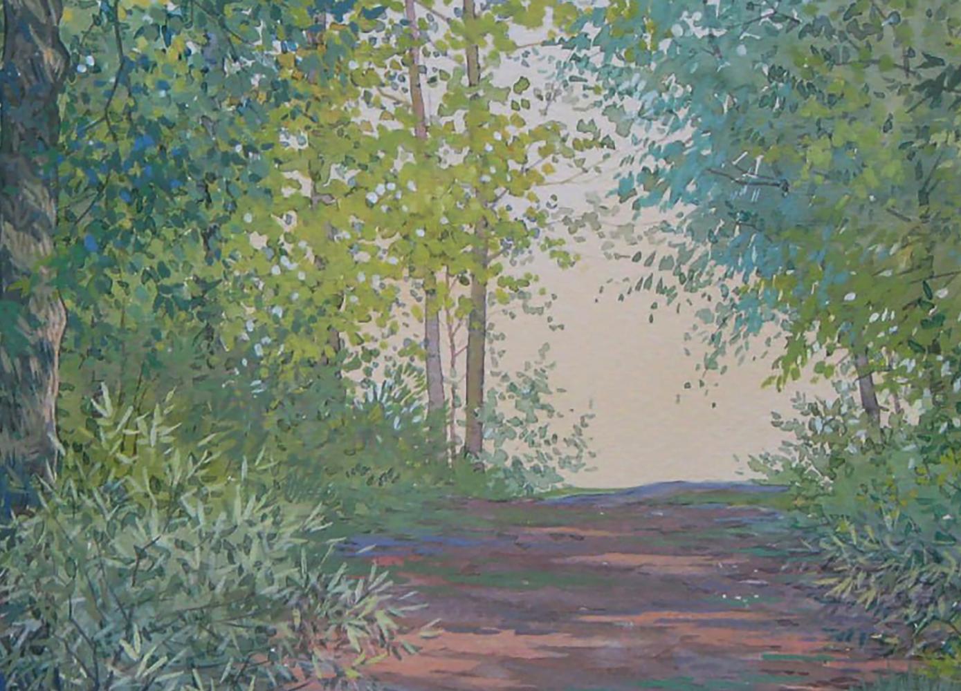 Watercolor painting of serene summer forest path by Valery Savenets