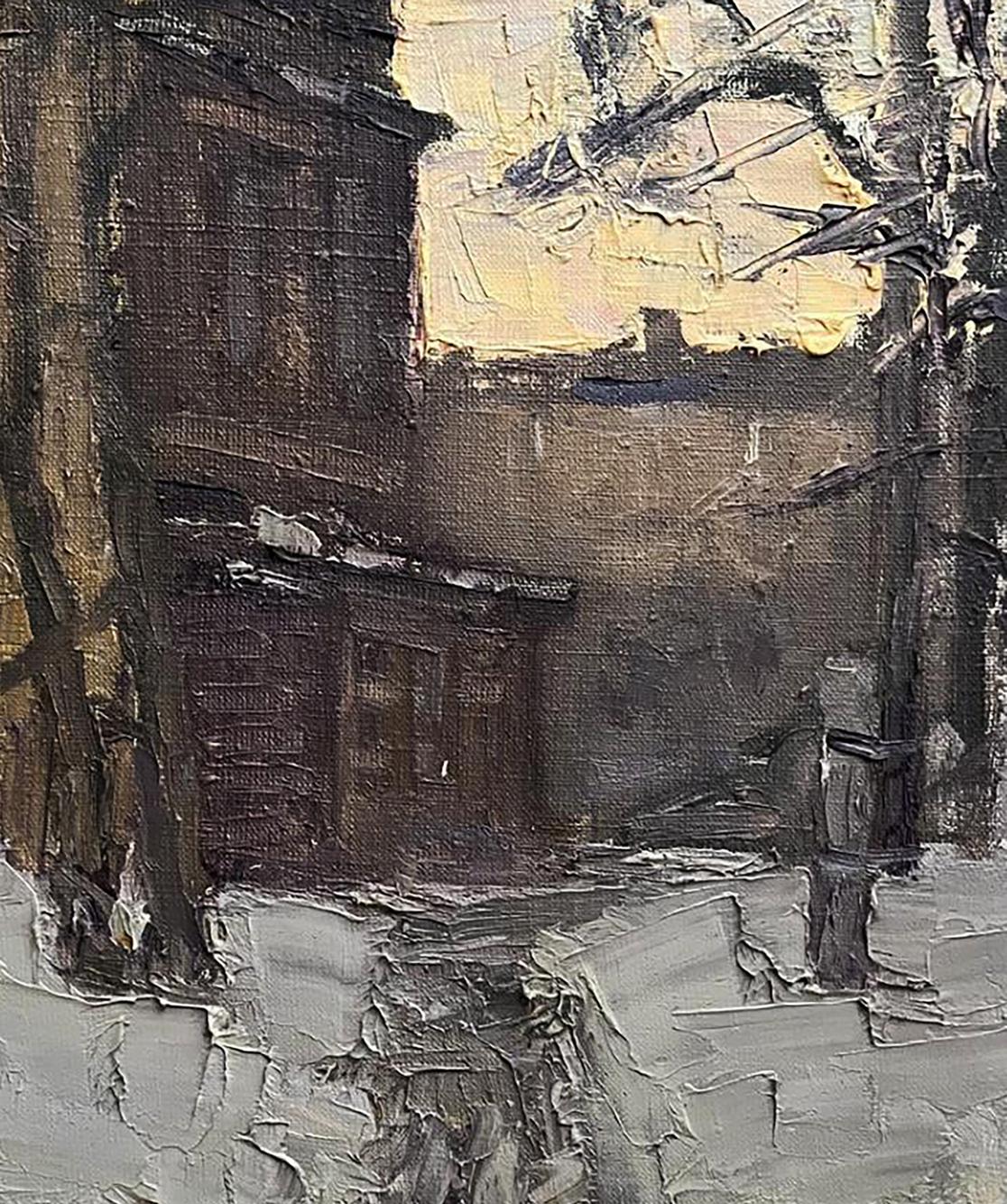 Textured oil painting Winter evening by Volodymyr Pashchenko alleyway