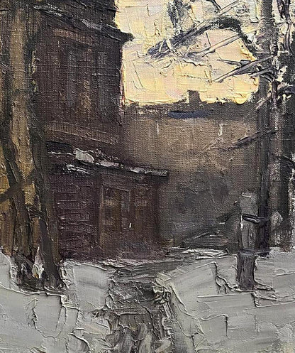 Textured oil painting Winter evening by Volodymyr Pashchenko alleyway