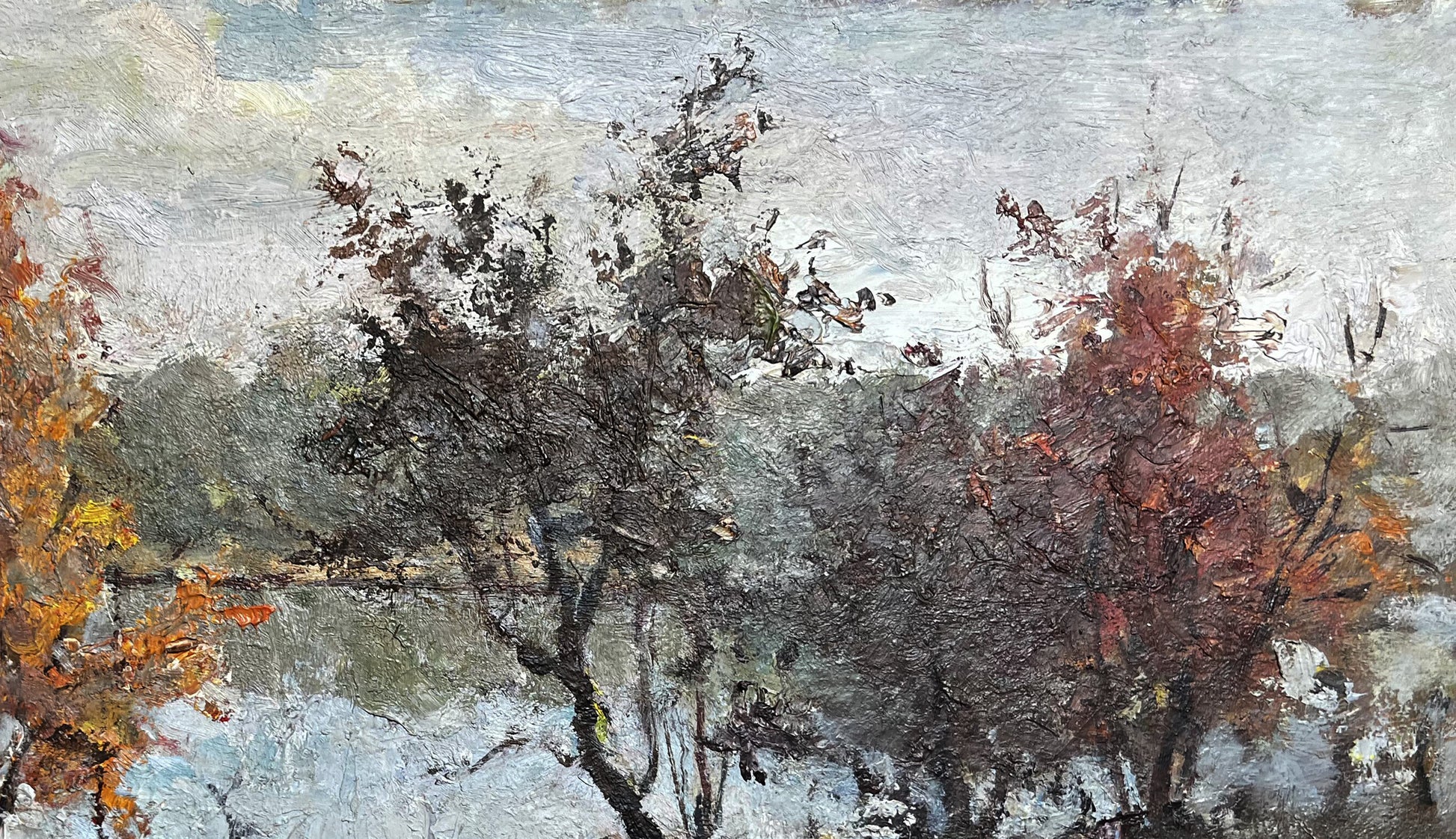 Autumn lake oil painting with fiery orange red trees and textured sky