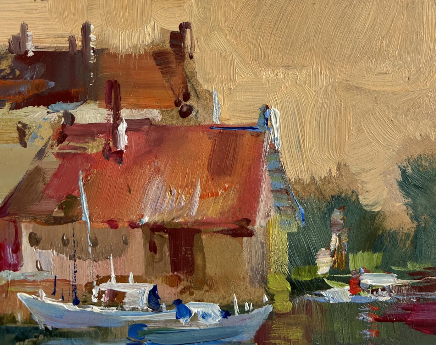 Oil painting Sunset glow over rooftops by Yuriy Suprunchuk, rustic house and boat