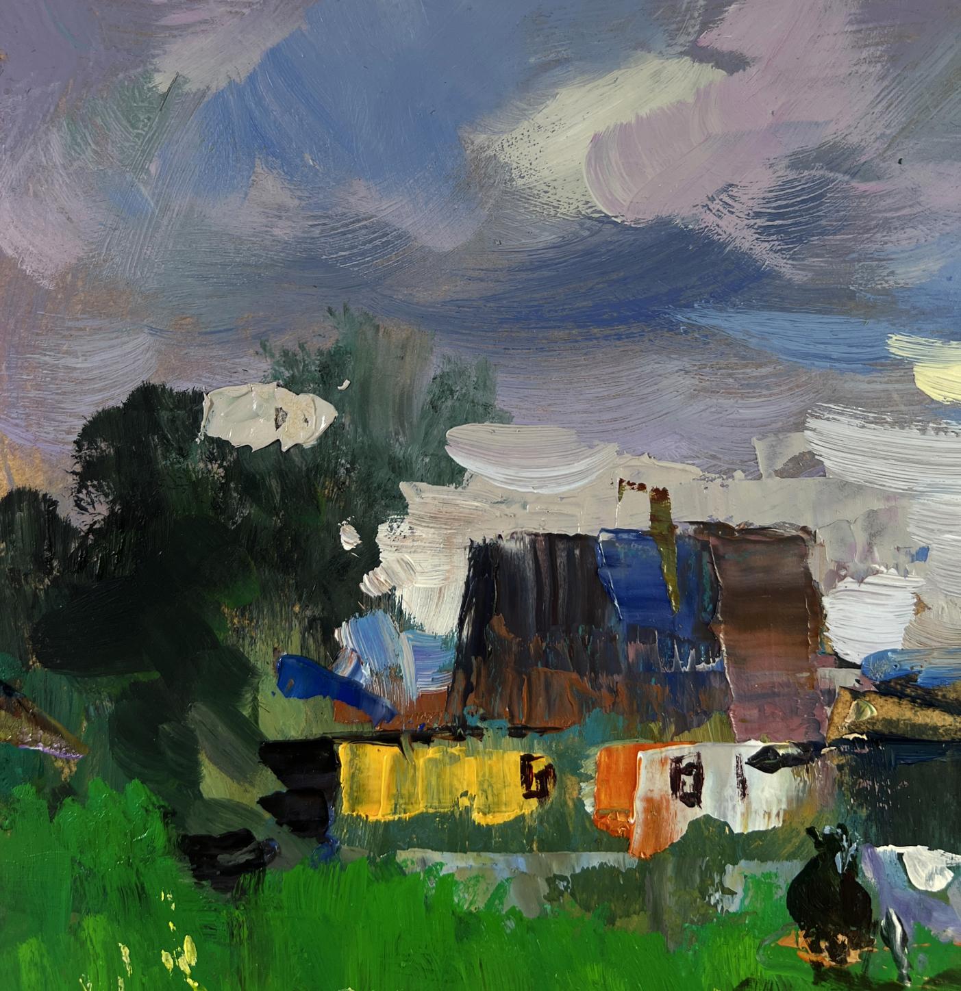 Abstract rural idyll oil painting by Yuriy Suprunchuk in blues and earth tones