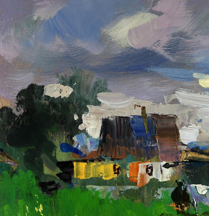 Abstract rural idyll oil painting by Yuriy Suprunchuk in blues and earth tones