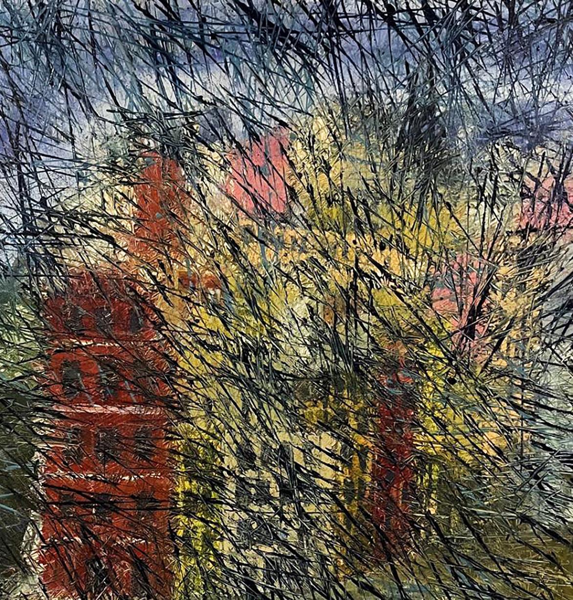 Oil painting There is fog in the city by Serhiy Kovalev, abstract red yellow forms in black lines