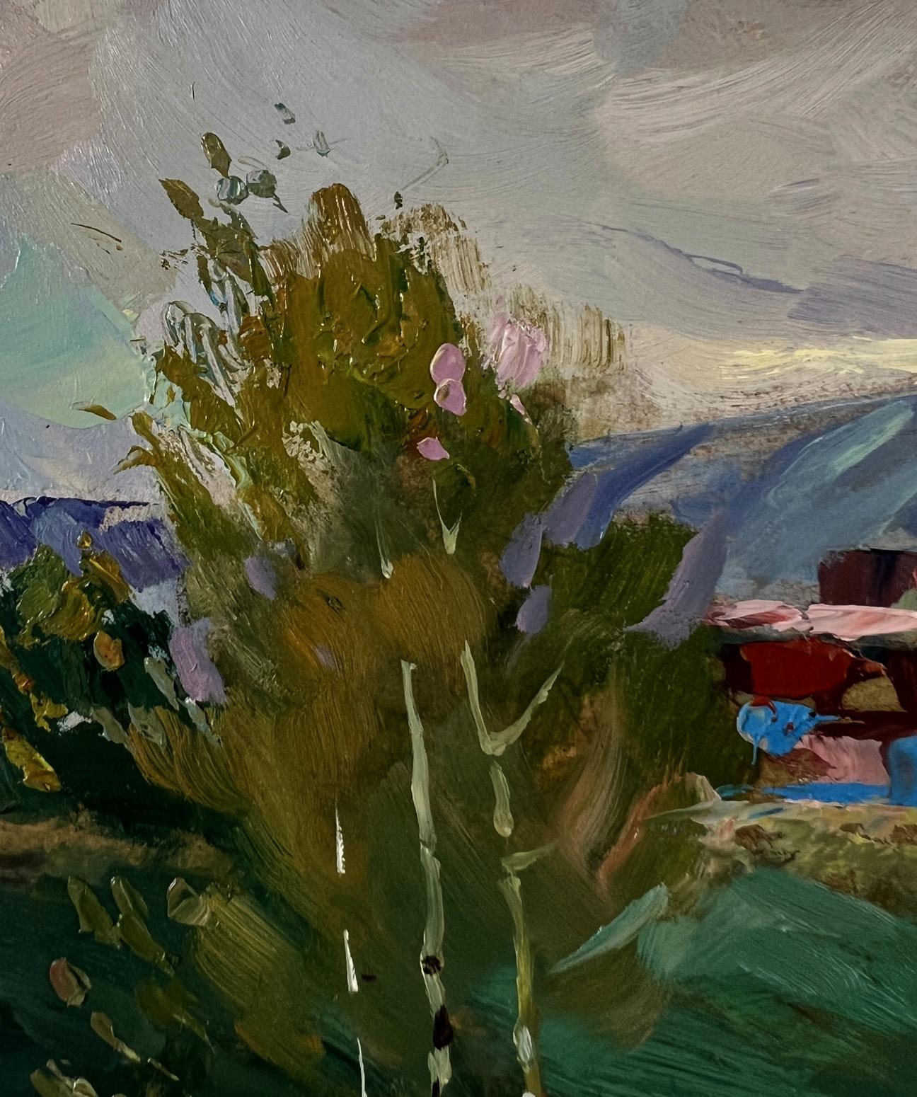Vibrant impressionistic oil painting of bush with pink blossoms by Yuriy Suprunchuk