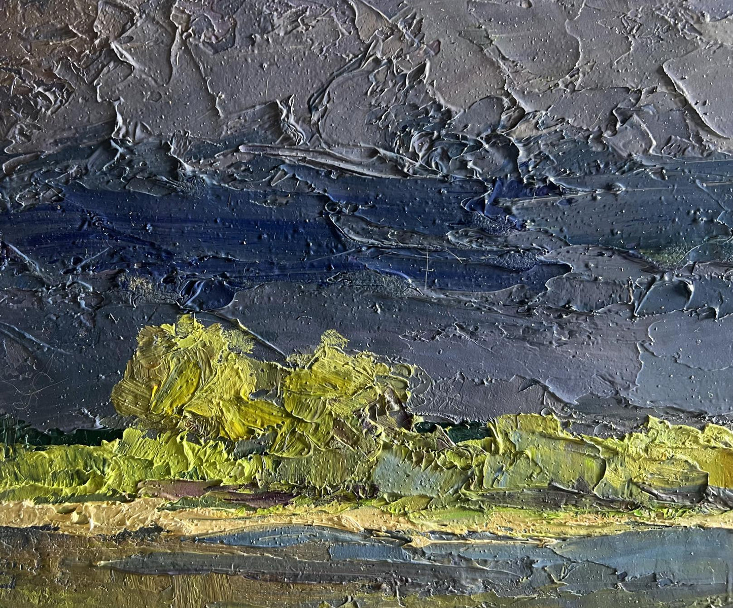 Oil painting Evening after a thunderstorm by Boris Serdyuk, impasto gray-blue sky over yellow-green landscape