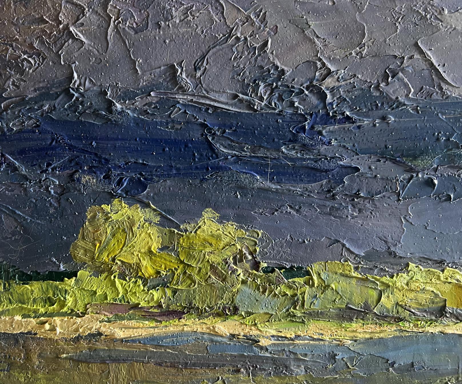 Oil painting Evening after a thunderstorm by Boris Serdyuk, impasto gray-blue sky over yellow-green landscape