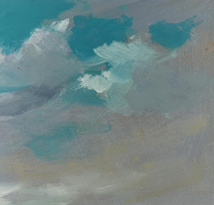 Abstract teal white gray oil painting Summer quiet fishing by Yuriy Suprunchuk