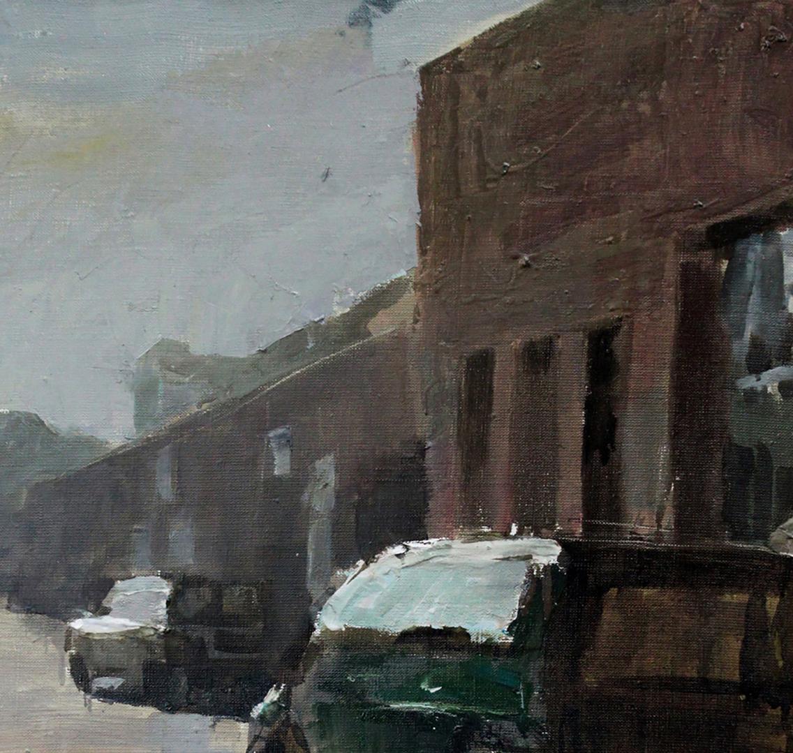 Oil painting by Street Ed Potapenkov: weathered brick building under overcast sky