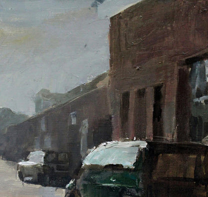Oil painting by Street Ed Potapenkov: weathered brick building under overcast sky
