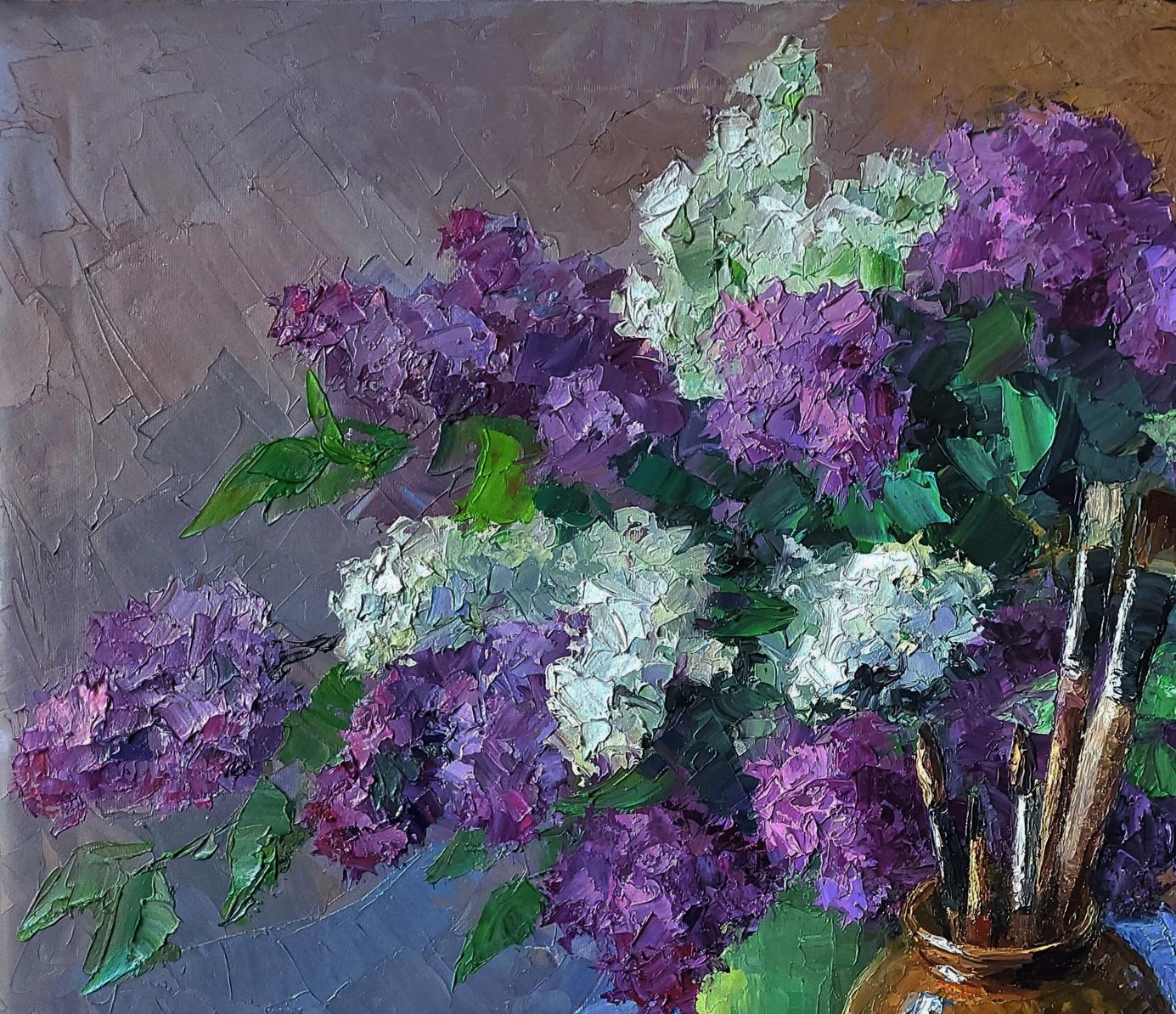 Oil painting of purple white lilacs in earth-toned vase by Boris Serdyuk