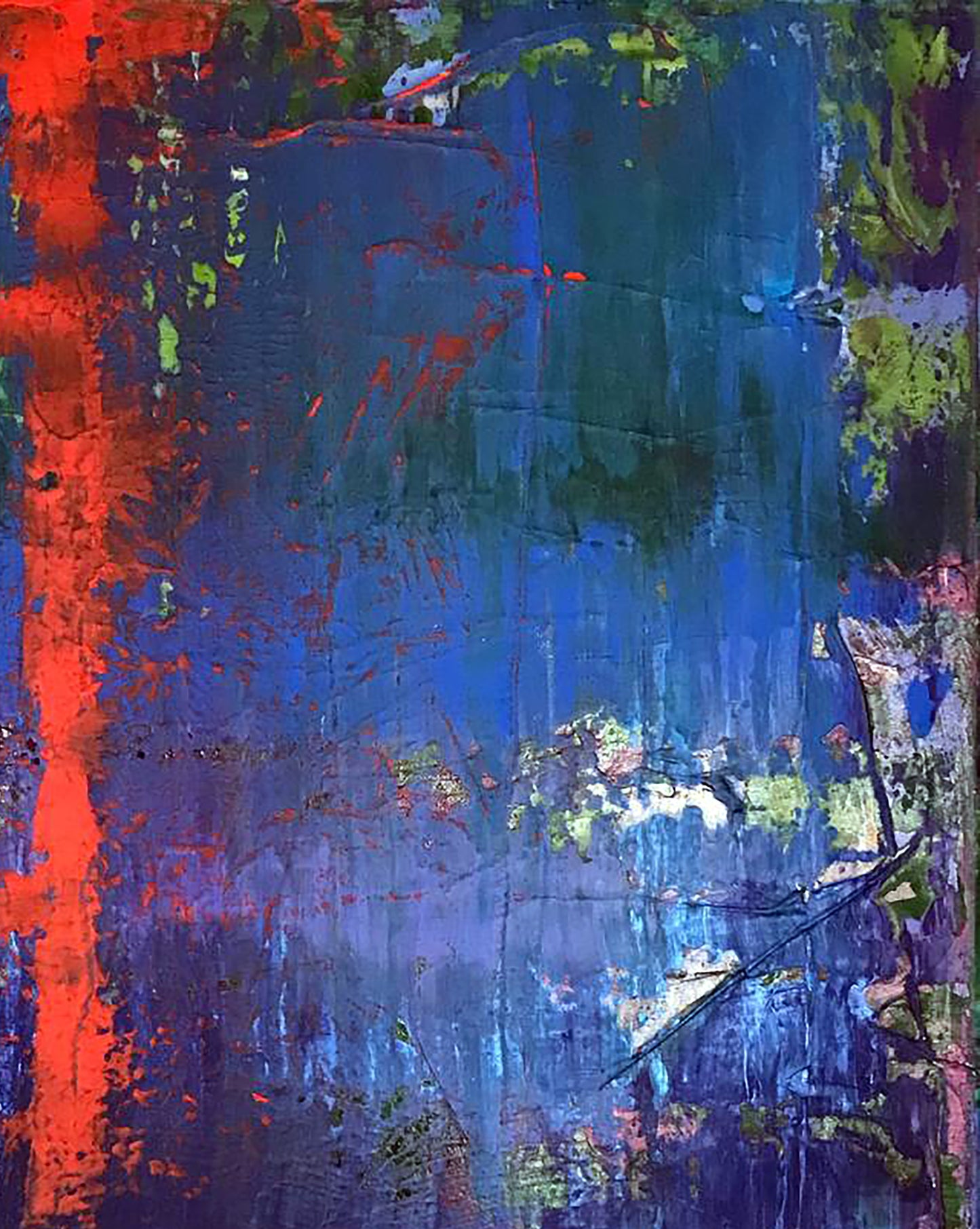 Abstract expressionist My red line painting with bold blue, red, green strokes