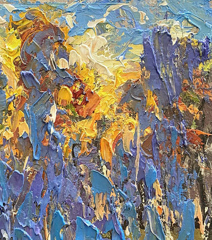 Vibrant Morning Frost oil painting by Oleksiy Ivanyuk with blue, yellow, purple textures