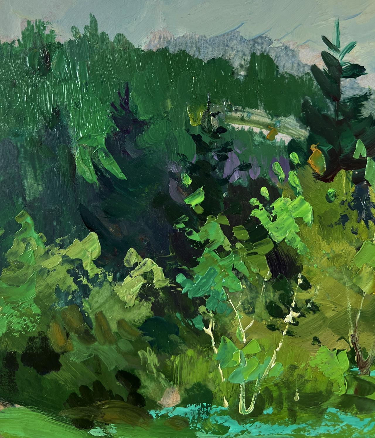 Vibrant oil painting of forest house by Yuriy Suprunchuk with green foliage