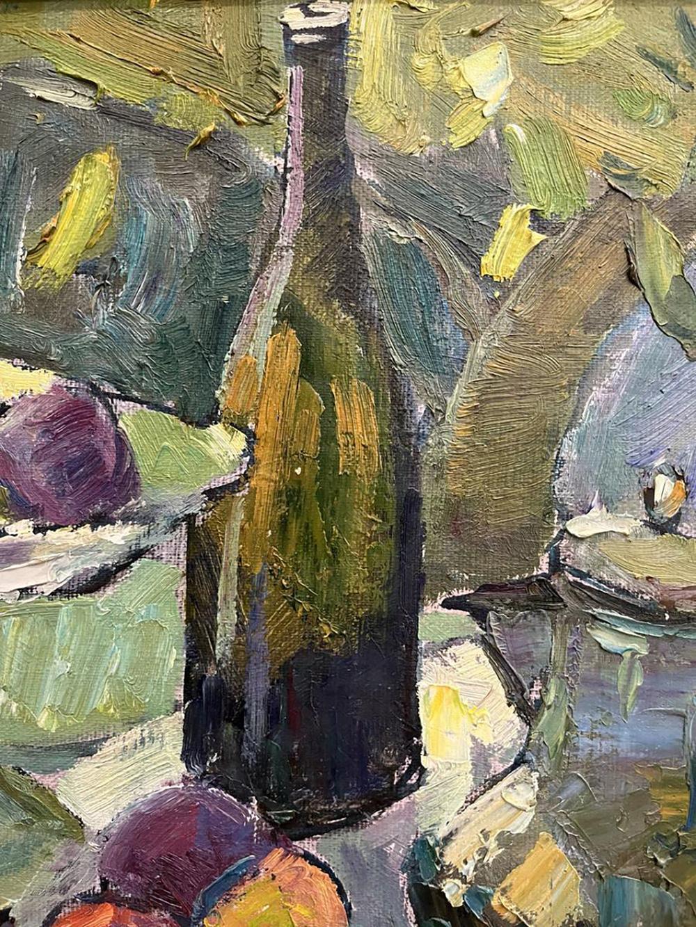 Oil painting still life with tall slender green glass wine bottle by Oleksandr Andreev