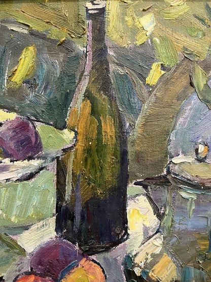 Oil painting still life with tall slender green glass wine bottle by Oleksandr Andreev