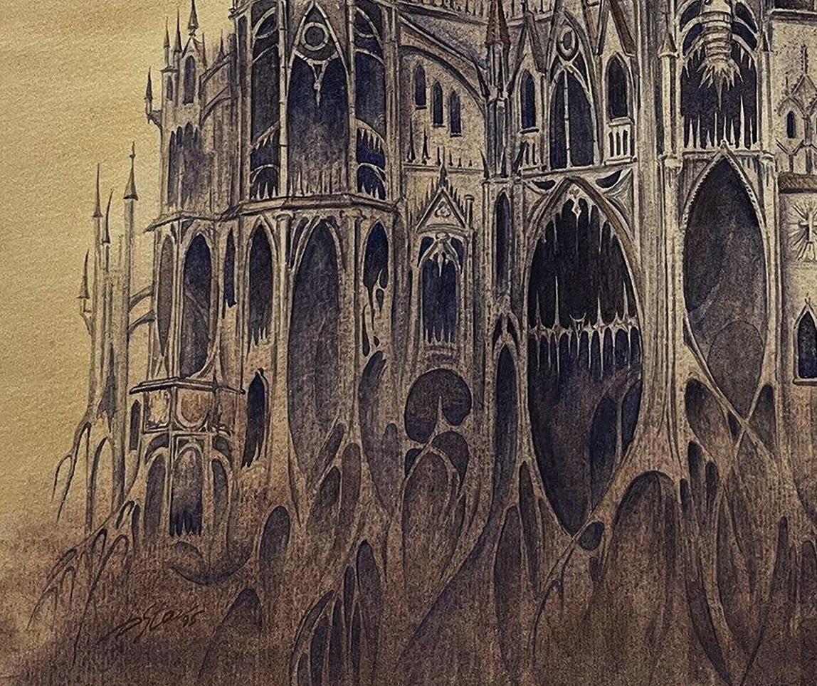 Sepia gothic cathedral watercolor painting by Dmytro Startsev Inquisition