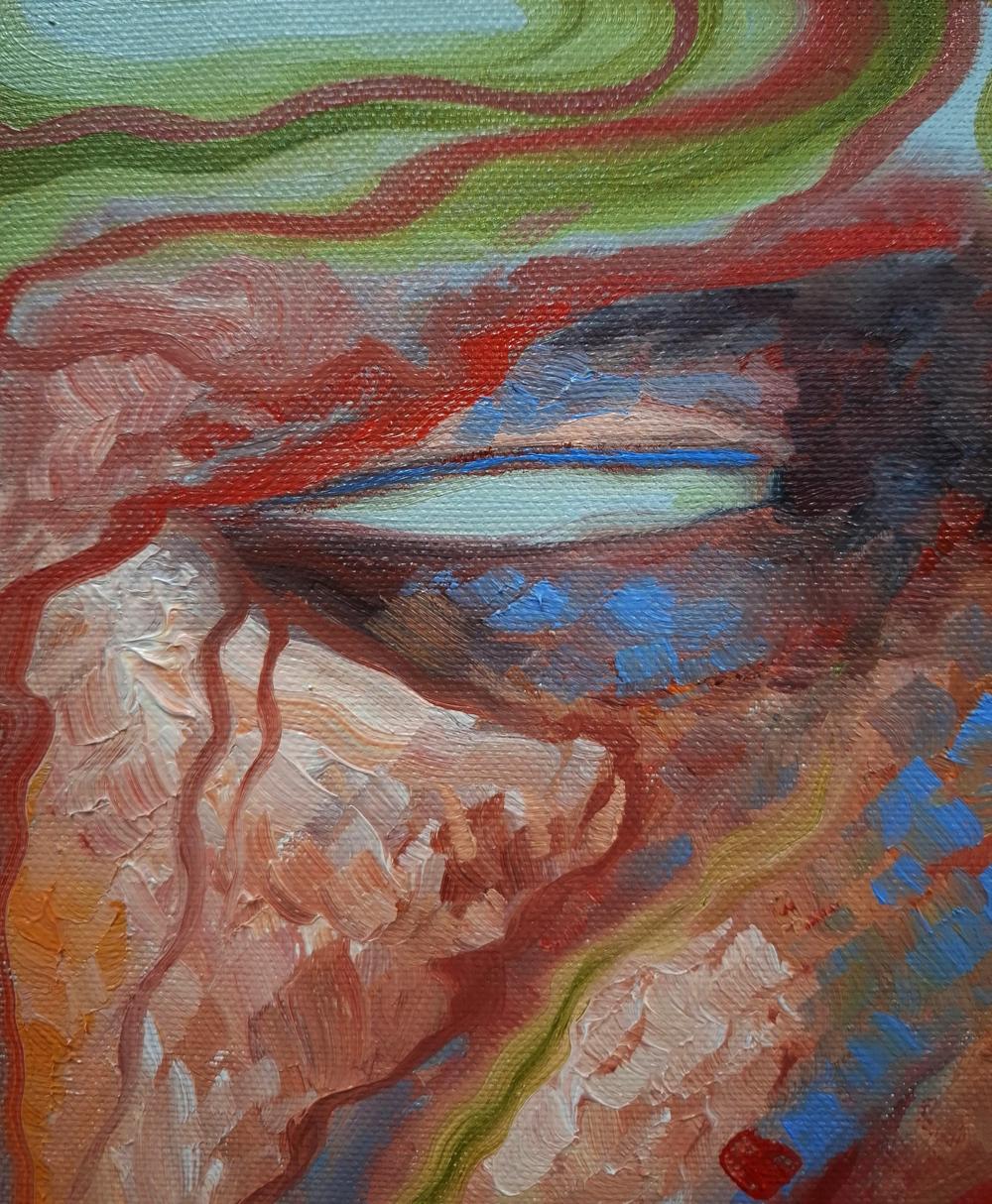 Abstract oil painting by Sergiy Voichenko with green mug in morning swirls