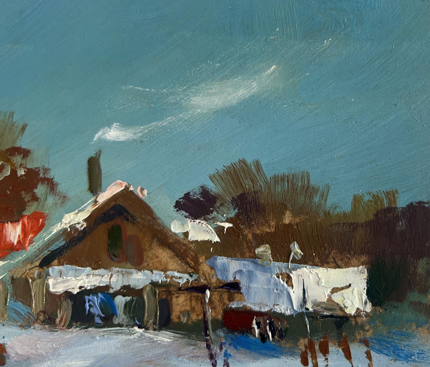 Oil painting by Yuriy Suprunchuk: impressionistic snow-covered house with thatched roof