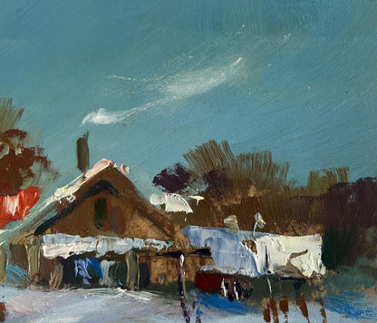 Oil painting by Yuriy Suprunchuk: impressionistic snow-covered house with thatched roof