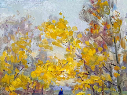 Vibrant oil painting of tree with yellow leaves by Ivan Kovalenko, Oi painting On Fallen Leaves