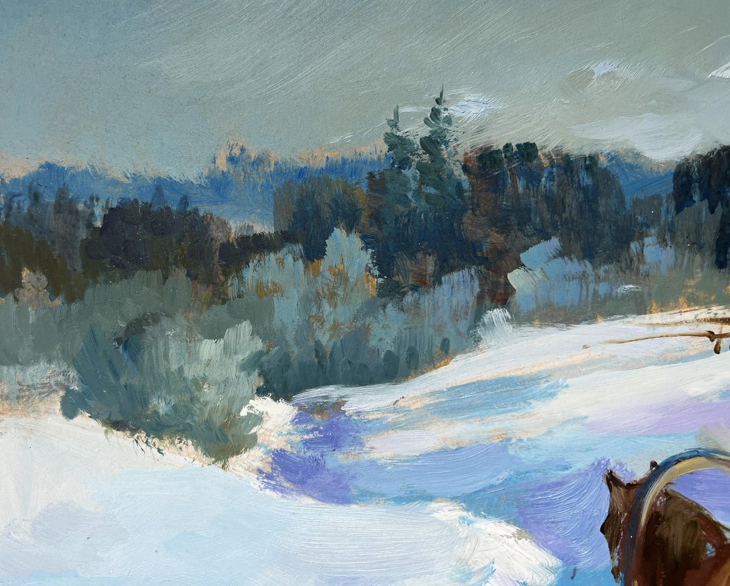 Rustic brown horse head in snowy landscape, Yuriy Suprunchuk oil painting