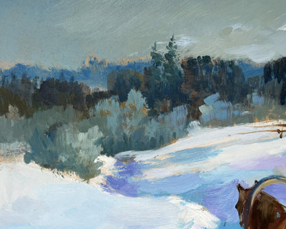 Rustic brown horse head in snowy landscape, Yuriy Suprunchuk oil painting