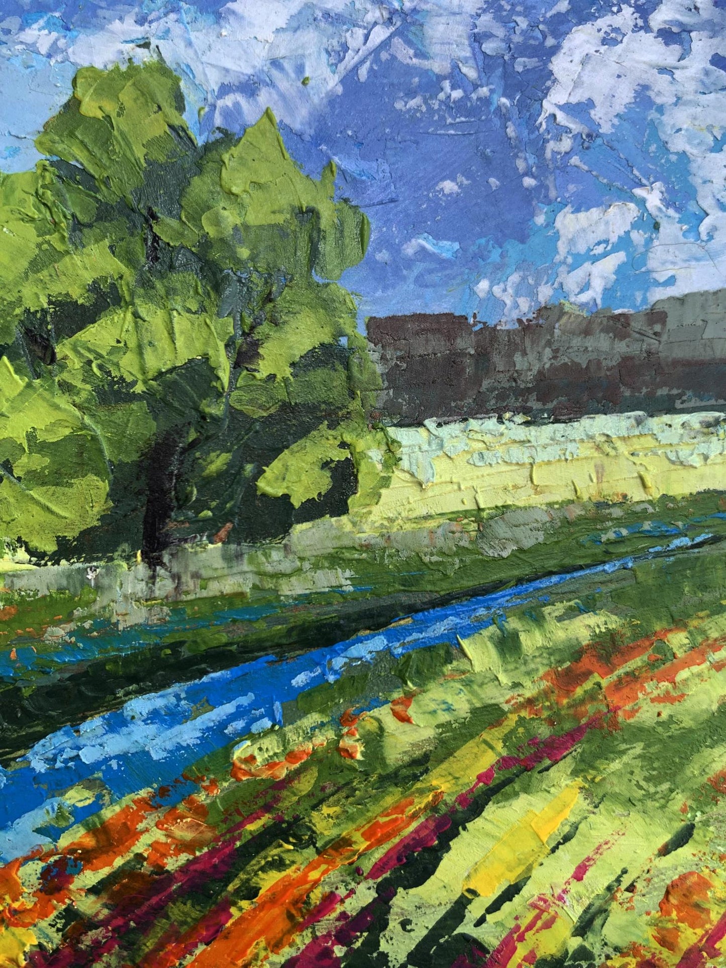Vibrant impressionist oil painting by V. Zadorozhnya: green fields under blue skies