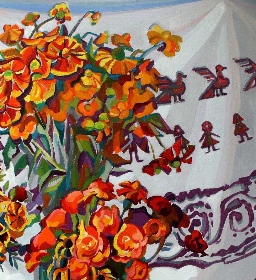 Vibrant orange yellow flowers in Leonid Pavlenko oil painting still life