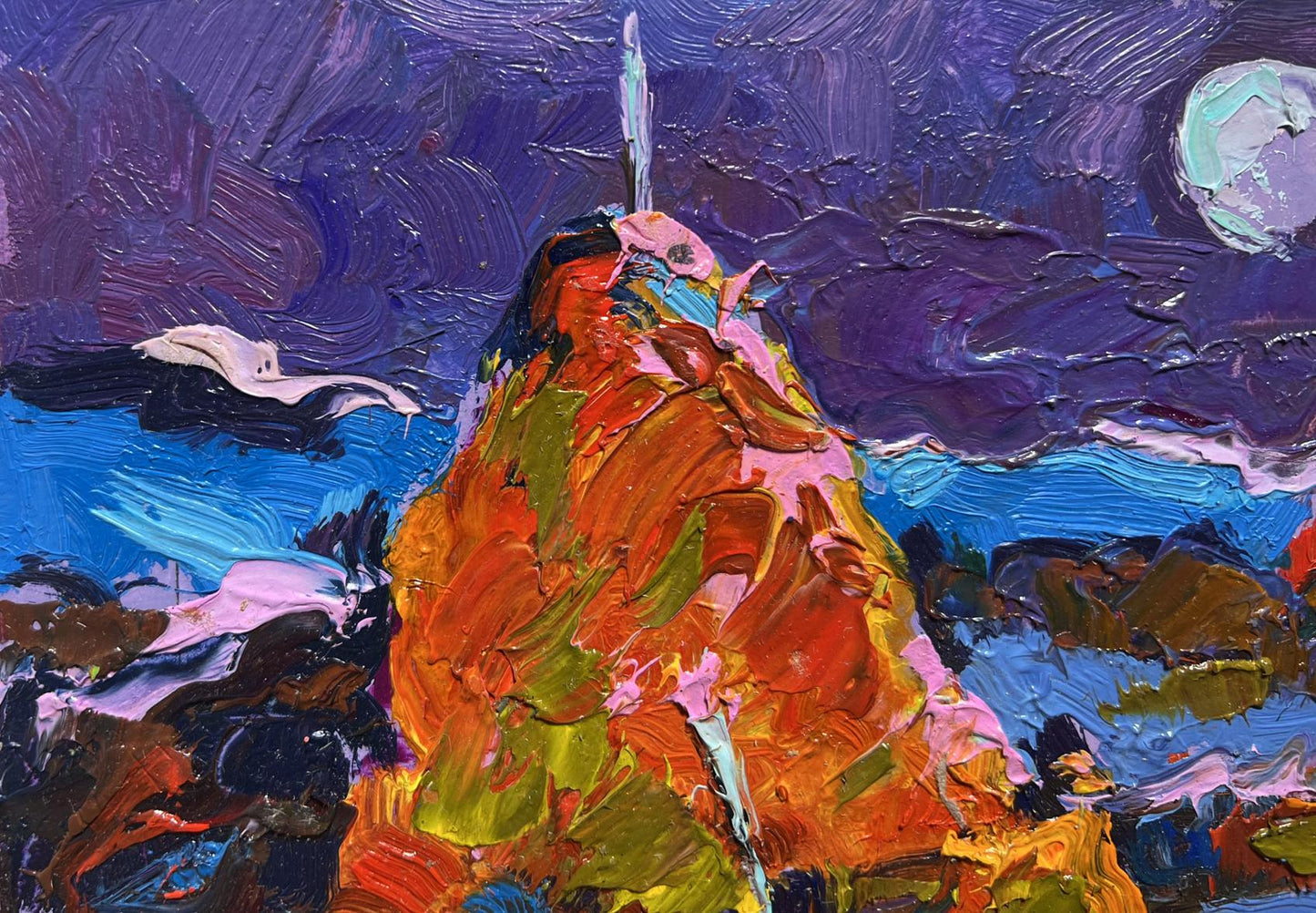 Oil painting Moonlit Night in the Field by Oleksiy Ivanyuk vibrant mountain peak