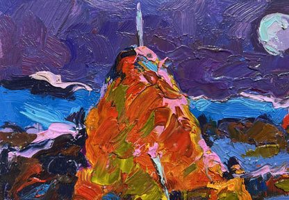 Oil painting Moonlit Night in the Field by Oleksiy Ivanyuk vibrant mountain peak