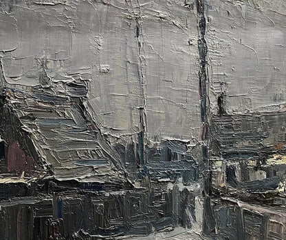 Oil painting Village Lane by Volodymyr Pashchenko moody urban landscape