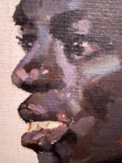 Oil painting portrait of man Leonid Stil, textured close-up dark skin profile