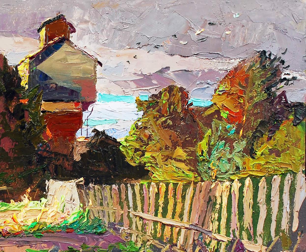 Impasto oil painting Evening sketch by Egor Shvachunov: rustic house