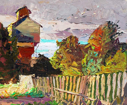 Impasto oil painting Evening sketch by Egor Shvachunov: rustic house