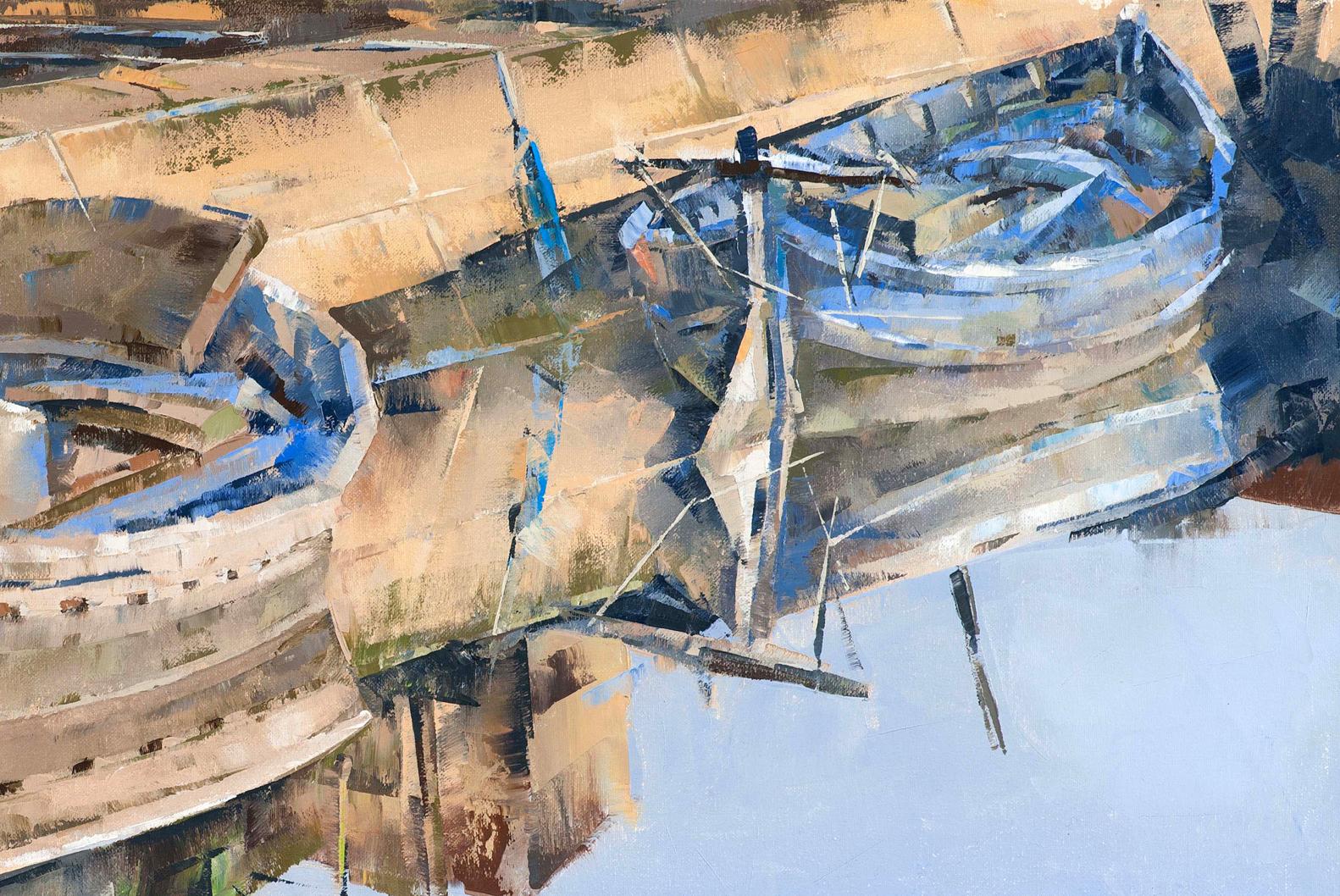 Oil painting by Pier Volodymyr Gluhomanyuk: blue and white boats in calm water