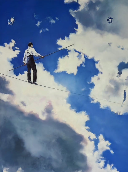 Oil painting Equilibrium Equation by Igor Konovalov: tightrope walker in clouds