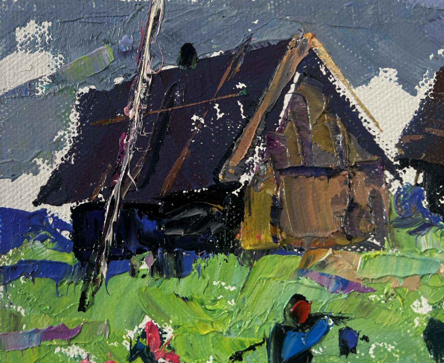 Oil painting Cool evening with the smell of grass by Oleksiy Ivanyuk rustic house in green field